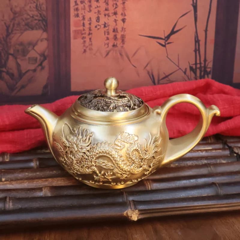 Brass Dragon and Phoenix Teapot Relief Creative Set Home Office Reception Tea Table Decoration Desktop Ornament Copper Craft