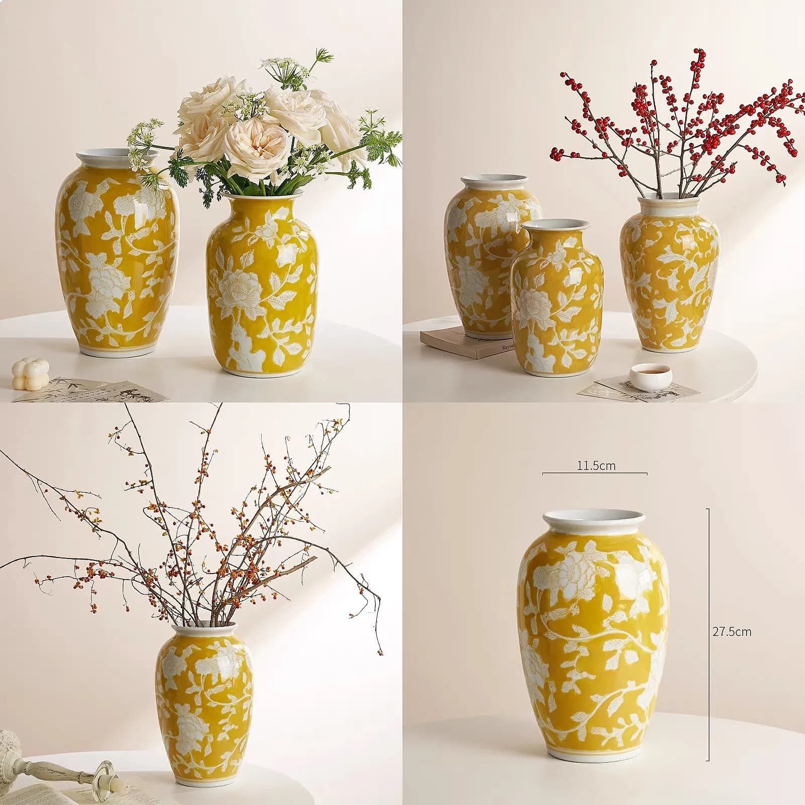 Ceramic Vase Chinese-style Retro Bottle Yellow Blue and White Porcelain Flowerpot Flower Vase Home Decoration Accessories