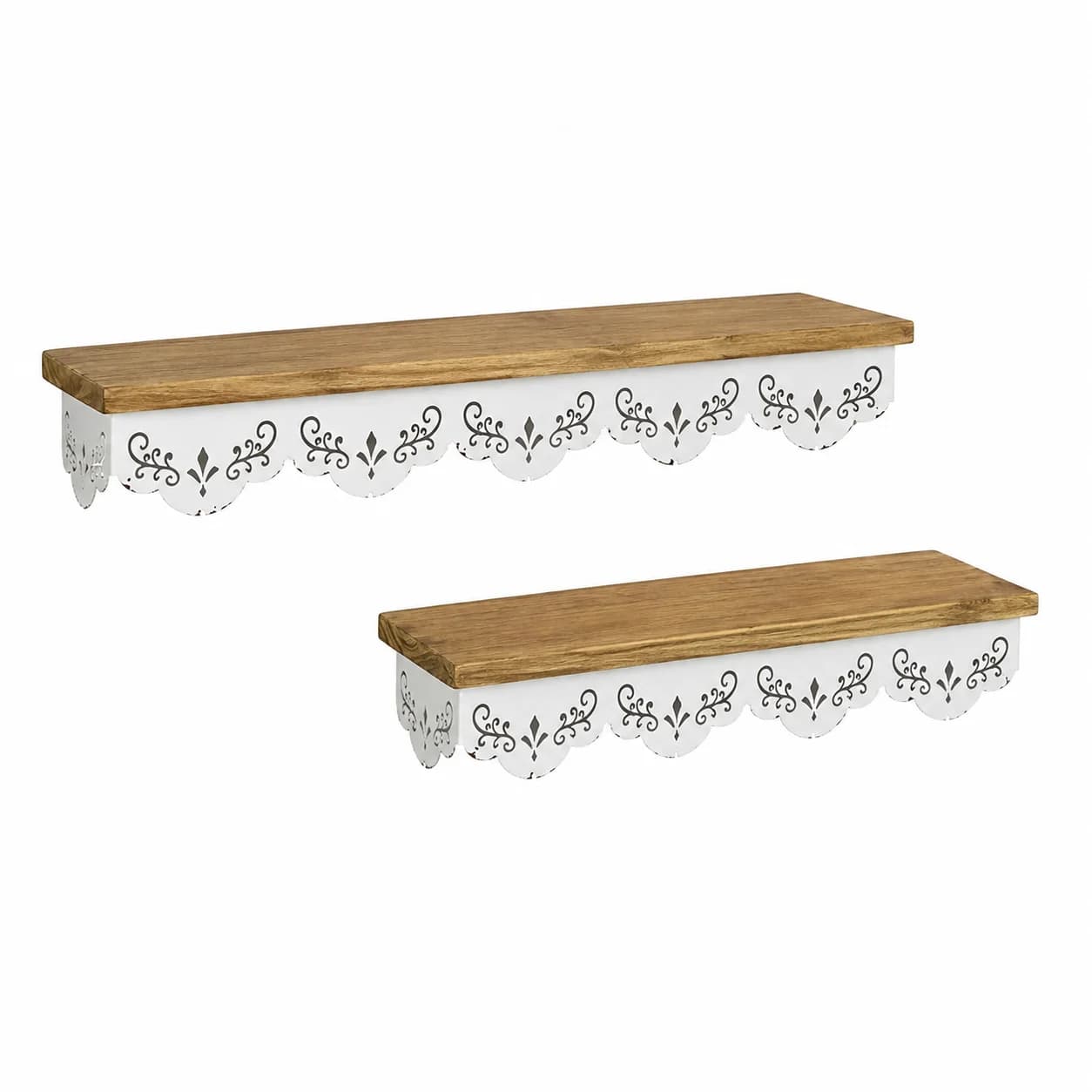 Farmhouse Wall Mounted Floating Shelves Set of 2 Rustic Wood & Metal Wall Shelf with Decorative Lace Edge for Kitchen Bathroom L