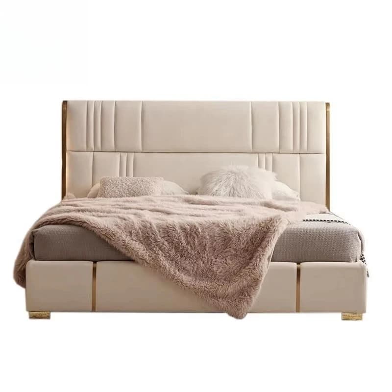 Modern King Soft Bed Leather Solid Wood High Back Queen Bed with Storage Bedroom Furniture