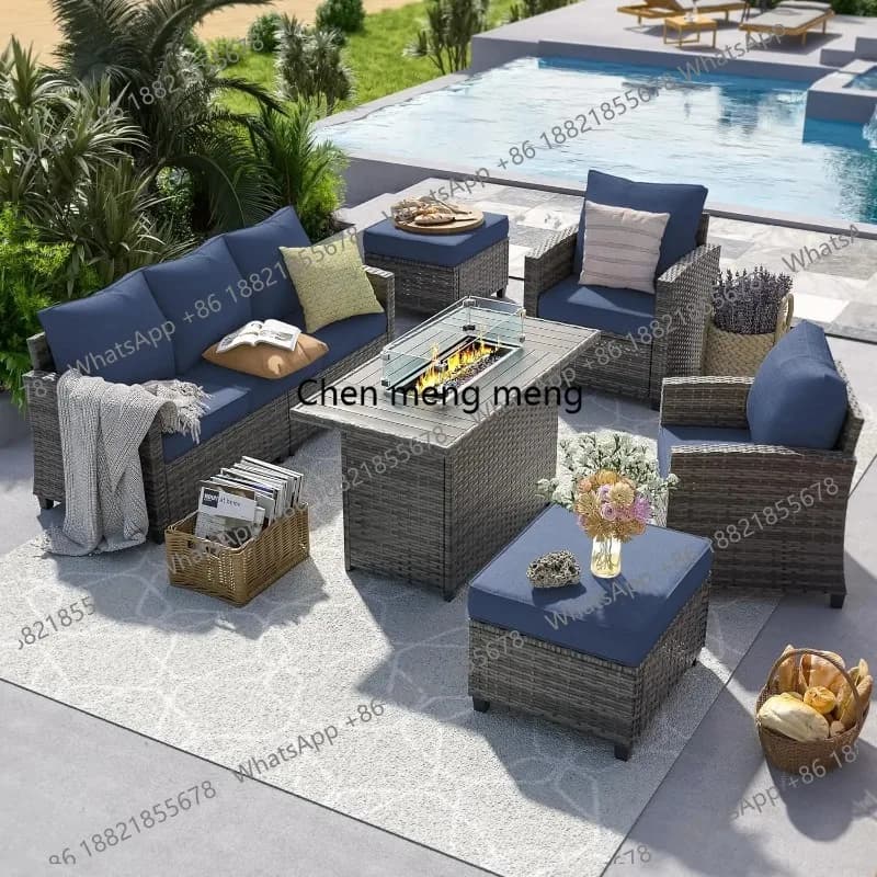 Patio Furniture Set with 44" Fire Pit Table, 6 Pieces Outdoor Sectional Conversation Sets, All-Weather Wicker, Customized