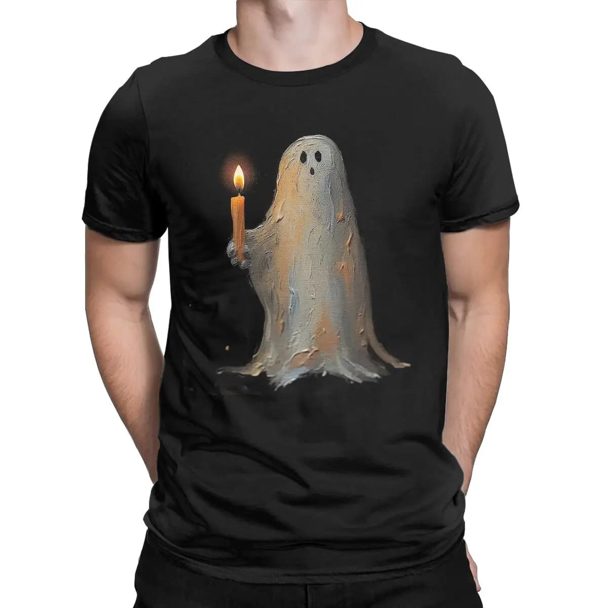 Ghost Holding A Cancle Halloween T Shirt for Men 100% Cotton Casual Round Neck Tee Shirt Short Sleeve Clothing Graphic Printed