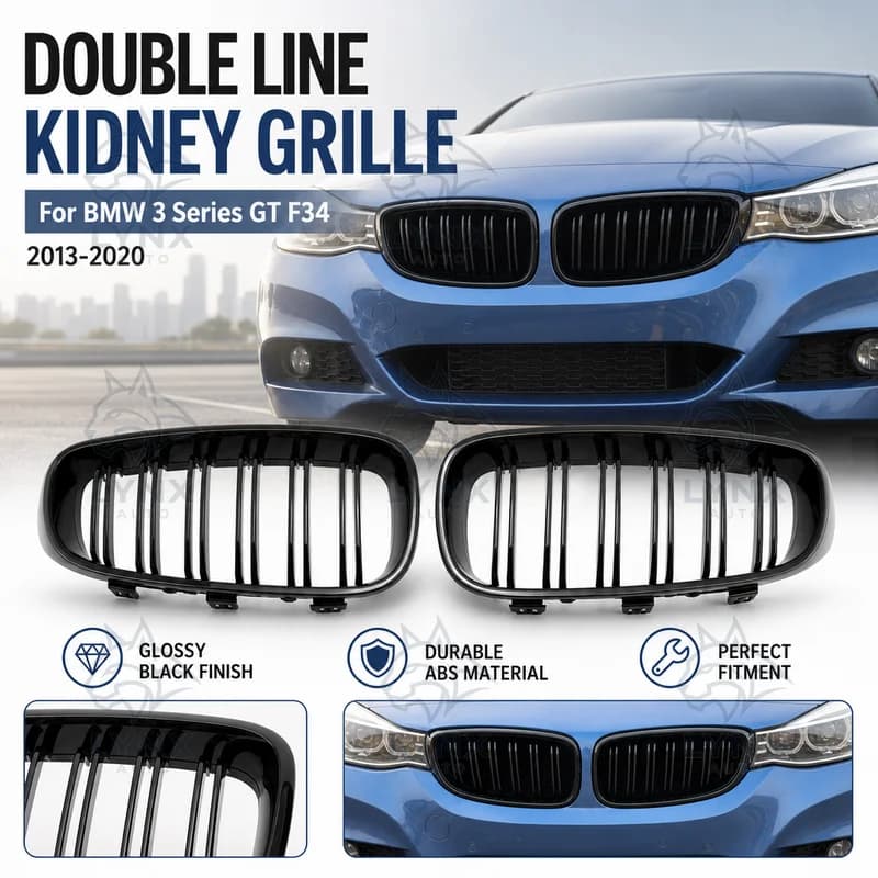 For BMW 3 Series GT F34 Double Line Twin Bar Glossy Black Front Kidney Grille 2013-2020 Car Styling Accessories