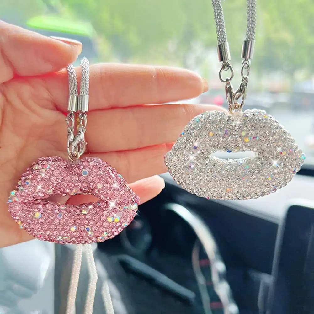Rhinestones Car Rear View Mirror Charms Car Rearview Mirror Pendant Easy to Hang Lip-Shaped Sparkling Hanging Ornament