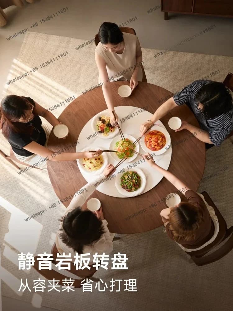 yj9 Black walnut round dining table Household solid wood large round table Restaurant rock slab rotating disc table