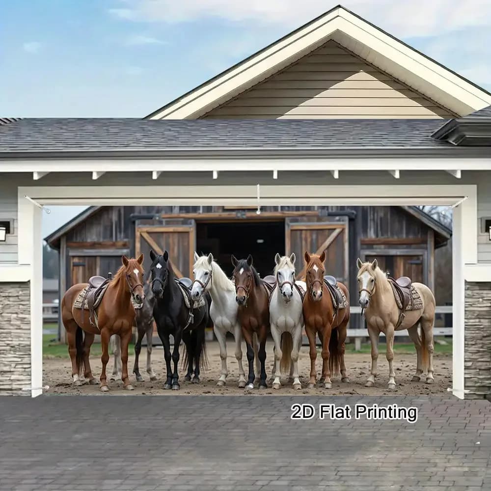1pc Western Ranch Horses Door Banner - Large Horses & Bucking Bronco Design, Durable Outdoor/ Garage/Wall Decoration