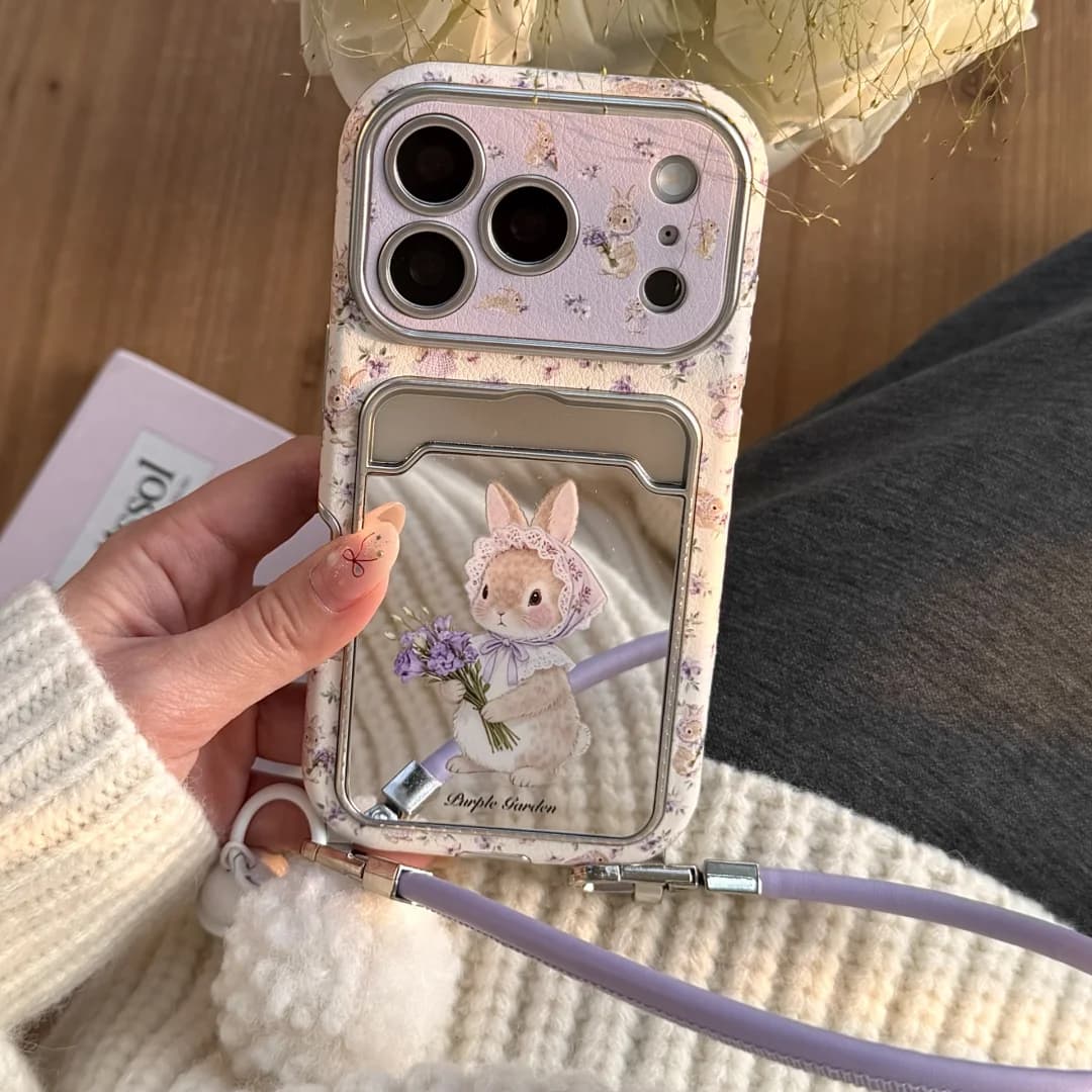 Retro Cute Flower Rabbit Card Bag Hanging Rope Phone Case For iPhone 15 14 13 1516 17 Pro Max Mirror Wallet lanyard soft Cover