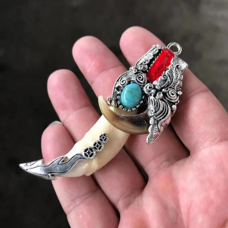 China Cloisonne Tibetan Silver Wild Boar Tusks Teeth Taxidermy Amulet tatue