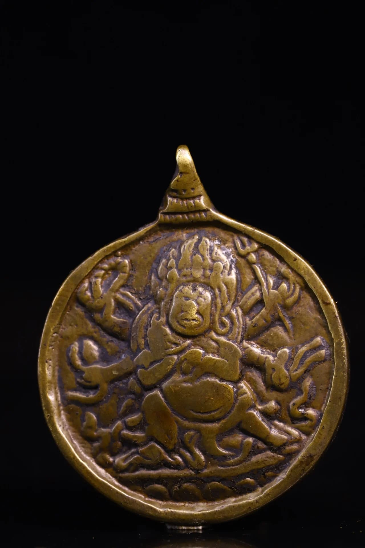 2"Tibetan Temple Collection Old Bronze Cinnabar Six arms Mahakala Buddha Nine Palaces Amulet pendant Town house Exorcism
