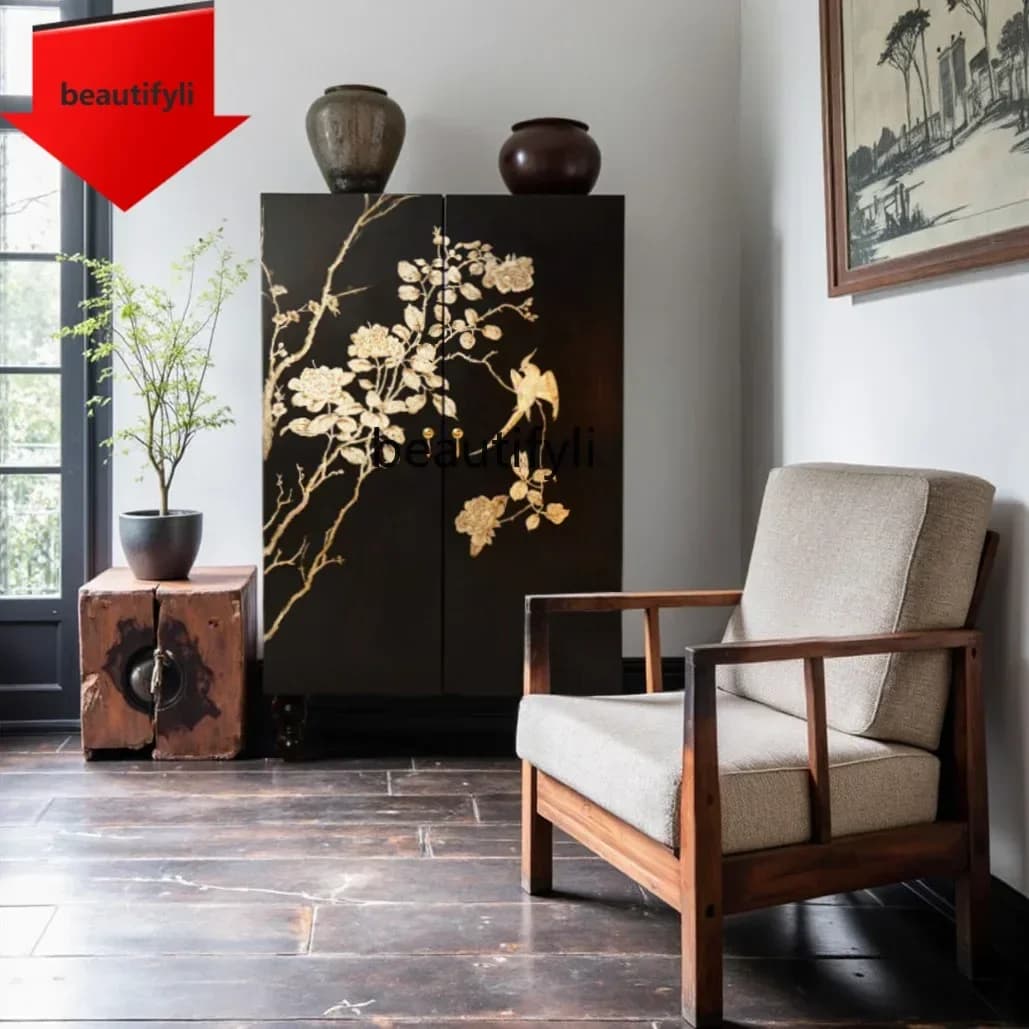 Q181 New Chinese solid wood hand-painted flower and bird picture living room entrance locker