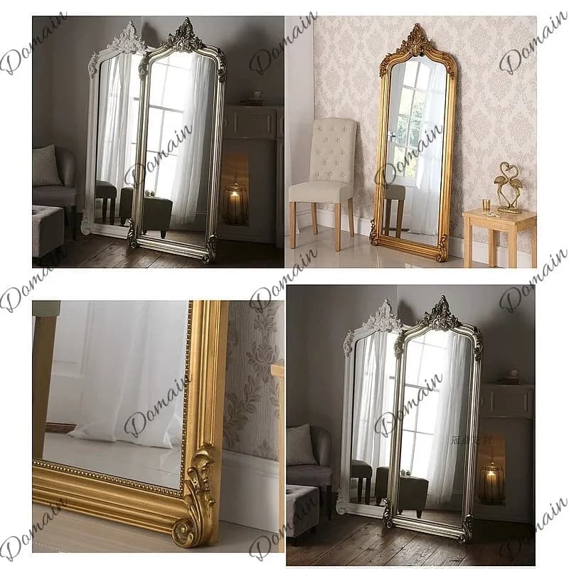 French Vintage Wooden Full Length Mirror with Palace Carving, Floor Mirror for Bedroom Wardrobe