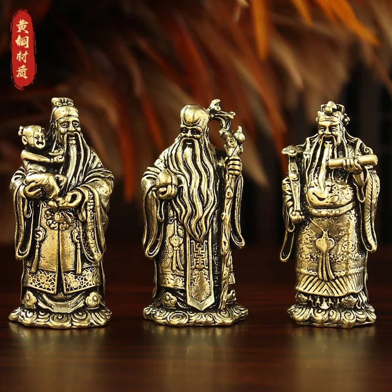 Fulu Shou Three Immortals Statue, Vintage Brass Desktop Ornament, Altar for Worship, Bronze Fortune , Prosperity Star, Longe