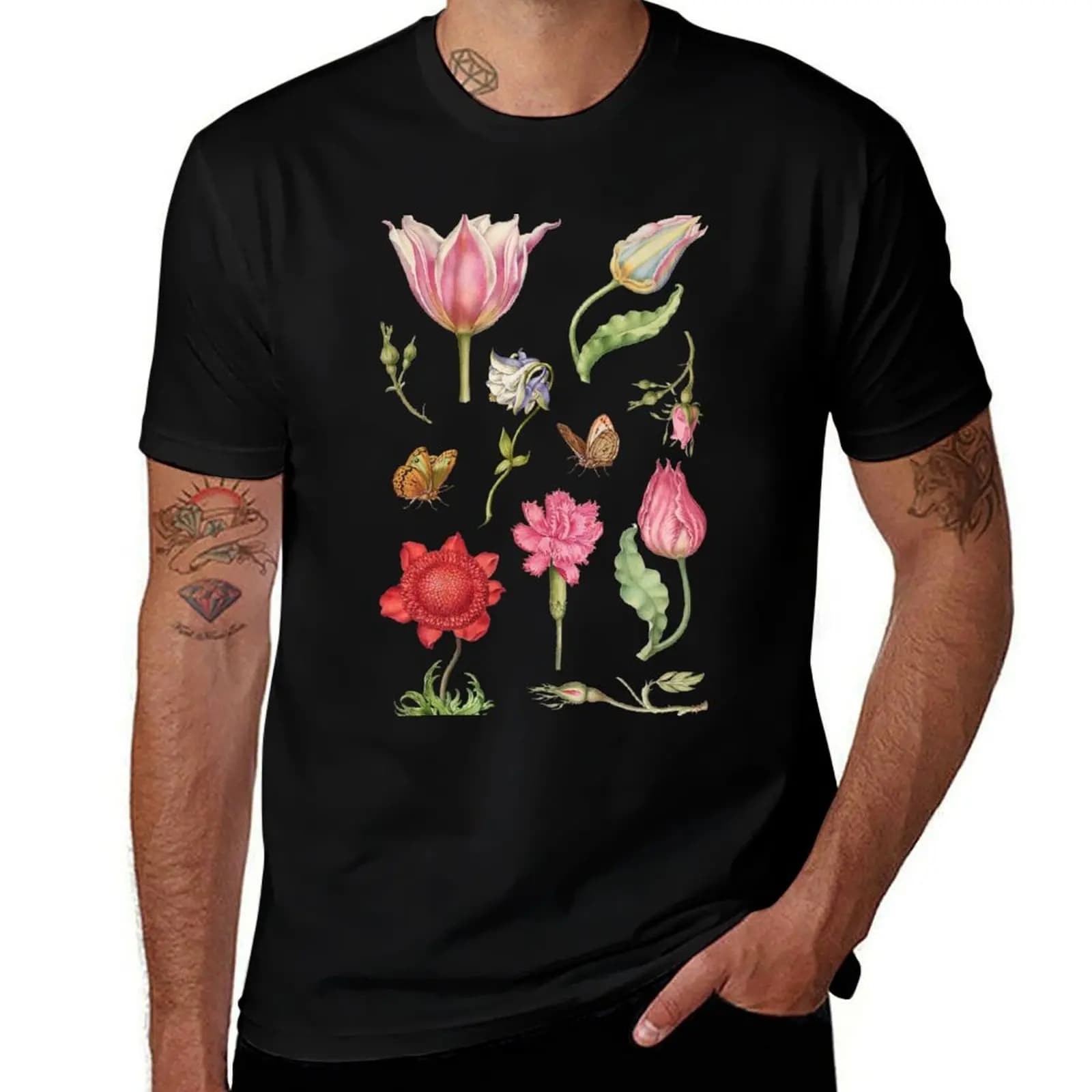 Vintage Flower Blossom Illustration T-Shirt Big Size Short Sleeve Tee for Men