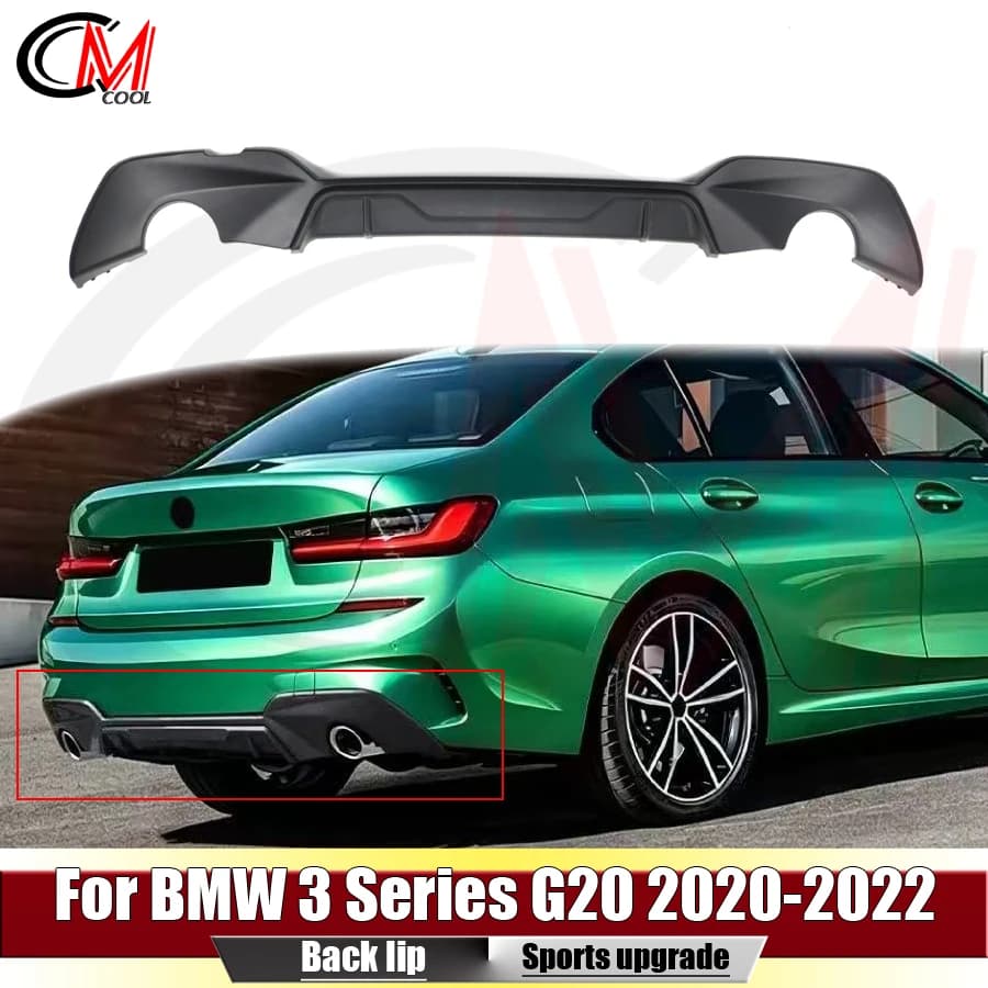 For BMW 3 Series G20 G28 2020-2022 M Sport version features a matte black rear diffuser dual exhaust tips and rear bumper trim