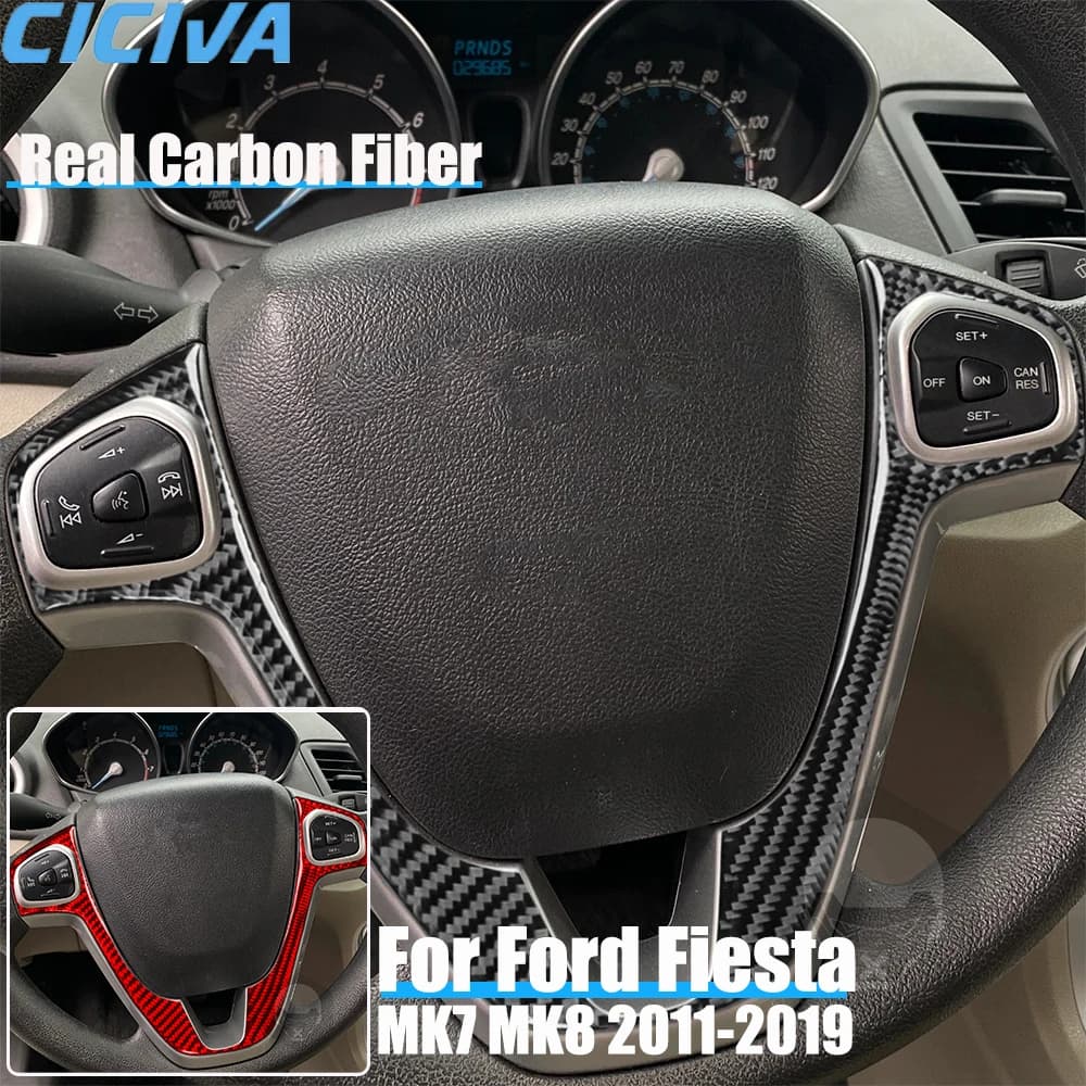 Real Carbon Fiber Car Accessories Steering Wheel Trim Decorative Cover Soft Sticker For Ford Fiesta MK7 MK8 2011-2019