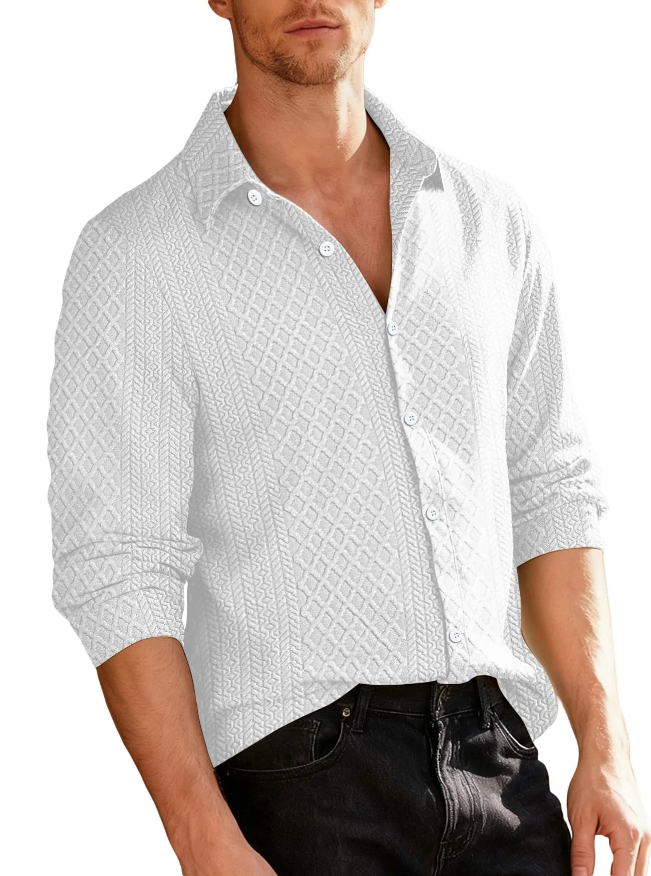 Spring and autumn men's jacquard long-sleeved shirts, breathable, soft, loose-fitting with buttons, outdoor casual tops