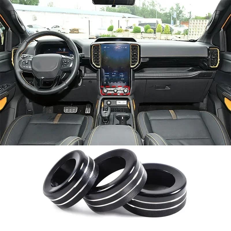 For Ford Ranger 2023+ Aluminum Alloy Black Car Volume Air Conditioning Knob Ring Decorative Sticker Car Accessories 3Pcs
