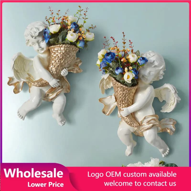 European Home Wall sculpture angel flower pot Vase Mural Crafts Decoration American Hanging Vintage Room Decor Ornament
