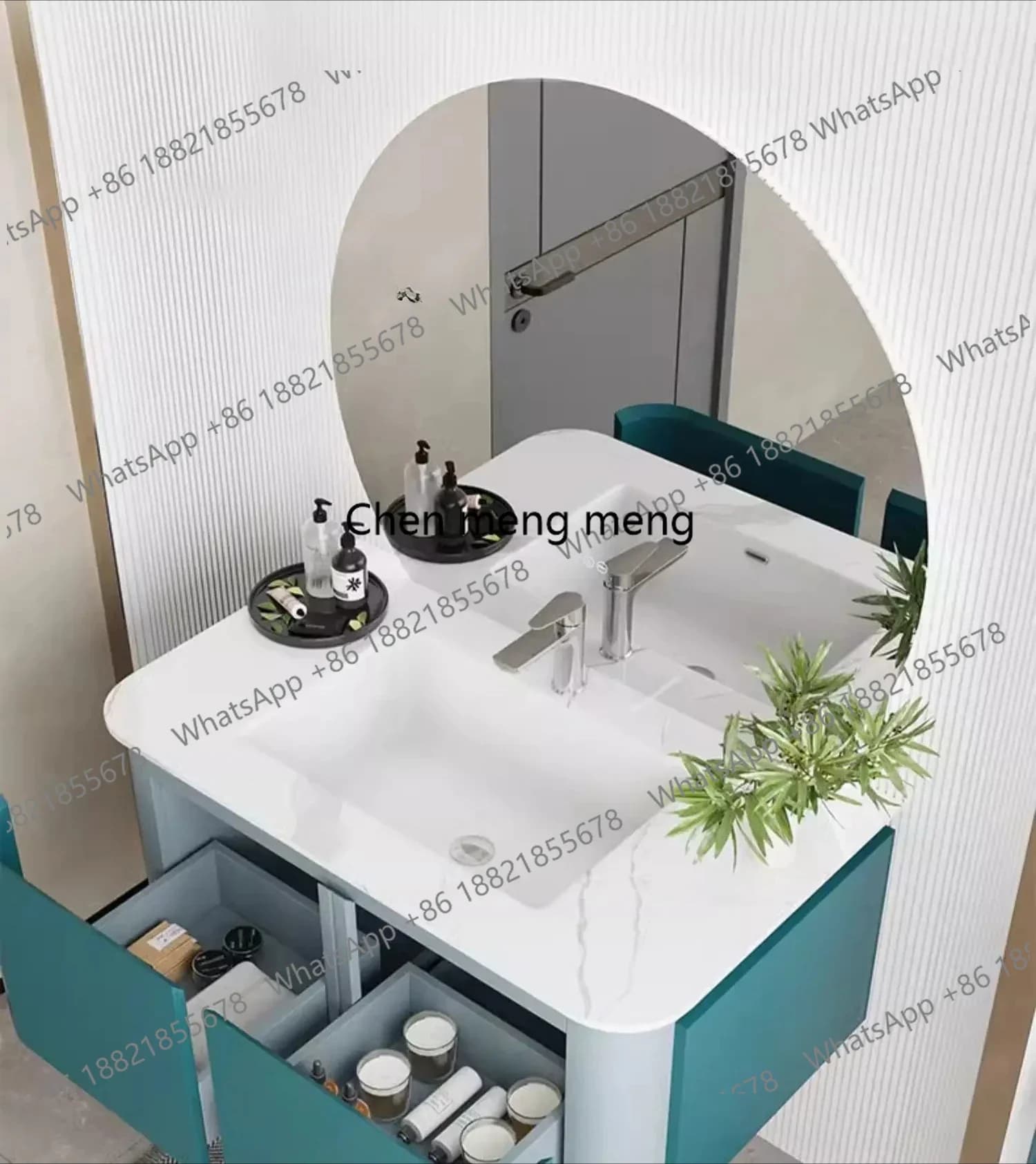 R Glacier peacock blue solid wood multi-layer bathroom combination cabinet rock slab seamless basin toilet washbasin