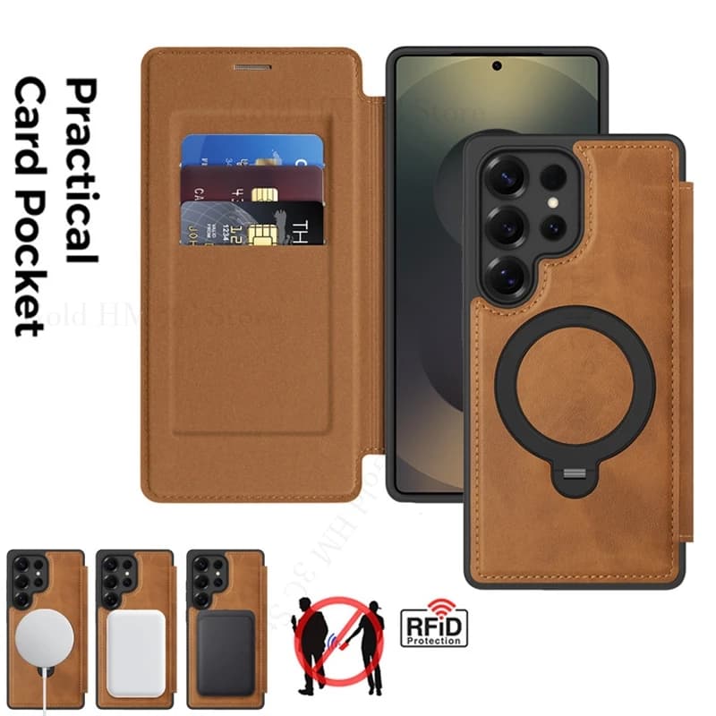 Magnetic Flip Leather Card Slot Wallet Case For Samsung S25FE S25 Ultra Ring Stand For Magsafe Cover For Galaxy S25 Edge S24 S23