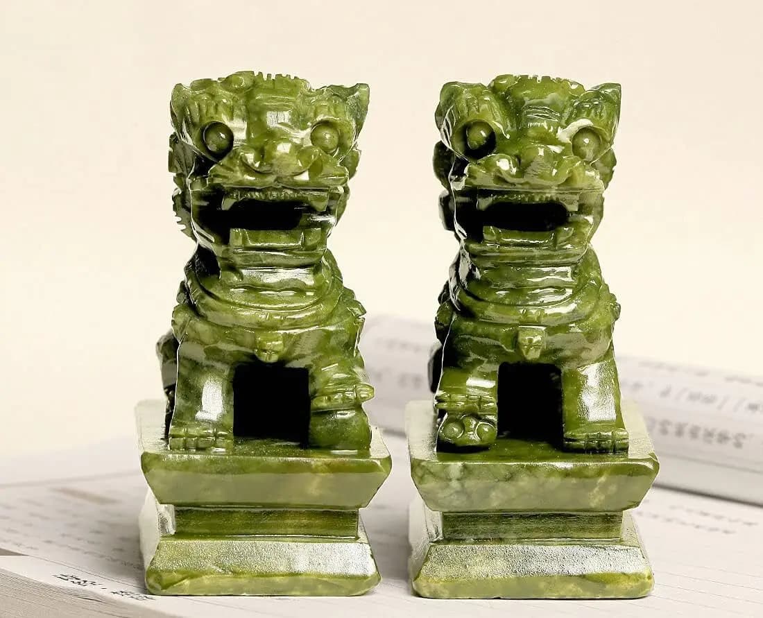 4.7" A Pair Natural Green Jade Carved Feng Shui Fu Foo Dog Guardion Door Lion