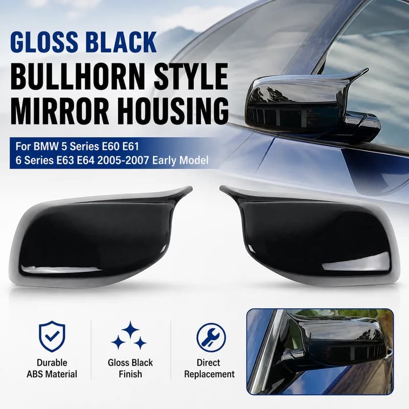 Gloss Black Bullhorn Style Mirror Housing Replacement For BMW 5 Series E60 E61 6 Series E63 E64 2005-2007 Early Model