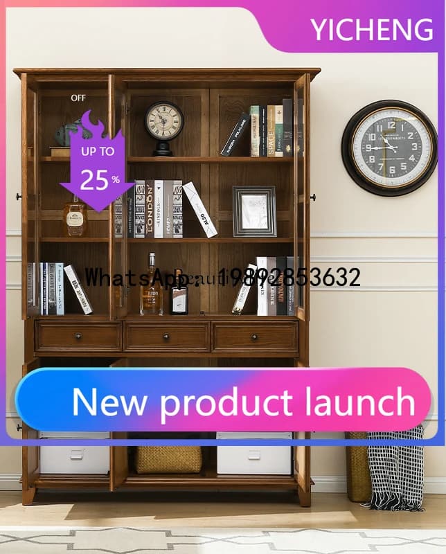 QQ American rural ash wood walnut three-door bookcase ash wood solid wood dust bookshelf