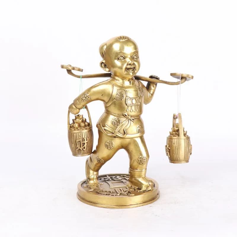 Copper Lucky Child Figurine, Handcrafted Ornament with a Bucket of Gold, Home and Office Decoration