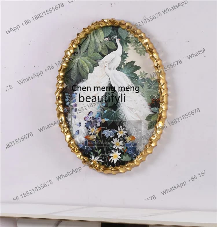 X Light Luxury Creative Simple Oval Two White Peacocks Flower and Plant Painting Blue Pure Green Handmade  Corridor Painting