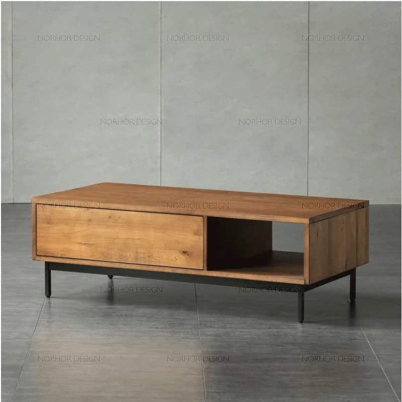 Wrought iron solid wood coffee table living room hollow with drawers low table