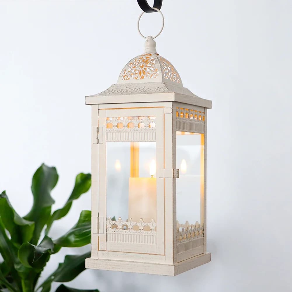Metal Candle Holder Vintage Hanging Candle Lanterns Retro Lantern with Handle for Garden Wedding Bedroom Home Decor(White)