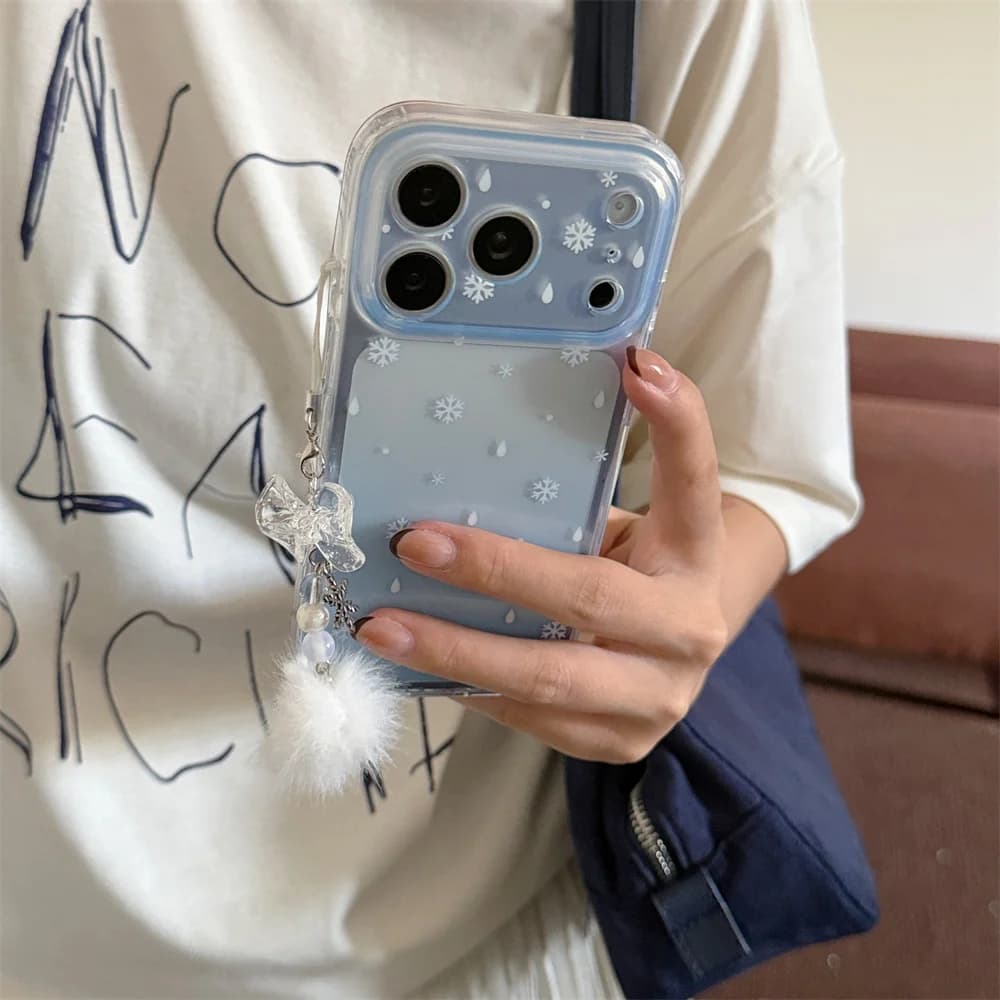 Korea Ins Blue Gradient Snowflake Phone Case Fluffy Bow Pendant Winter Aesthetic Shockproof Cover For iPhone 18 17 16 15 Pro Max