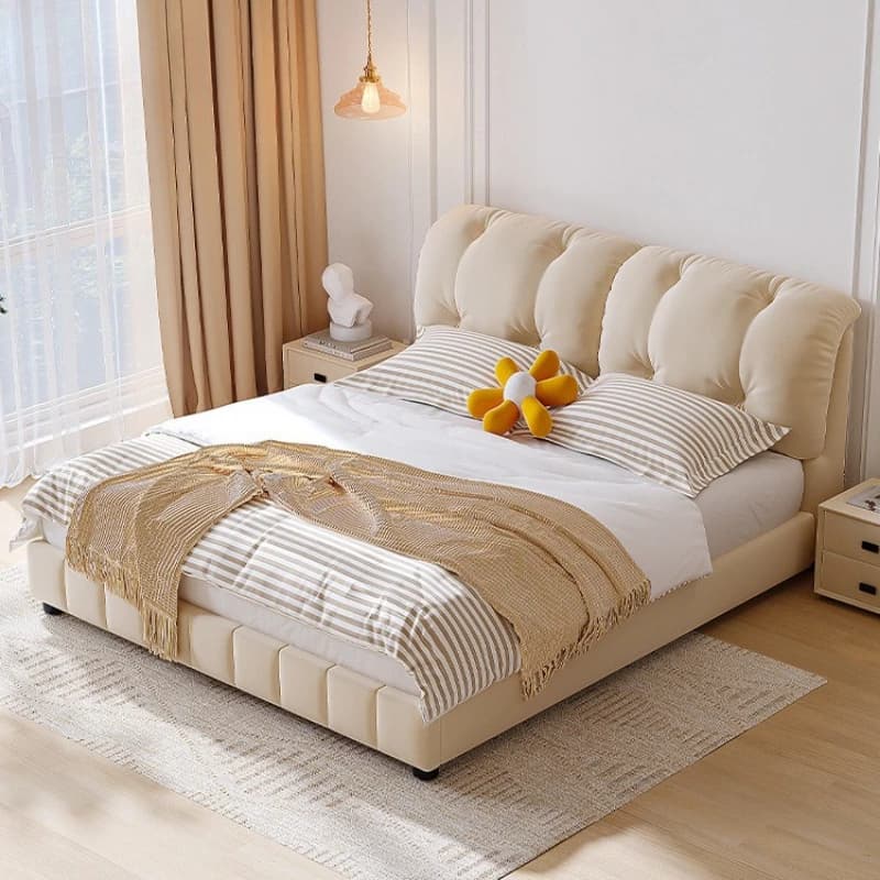 Cream wind double bed white fabric comfortable home bed frame modern simple high-end muebles de dormitorio bedroom furniture