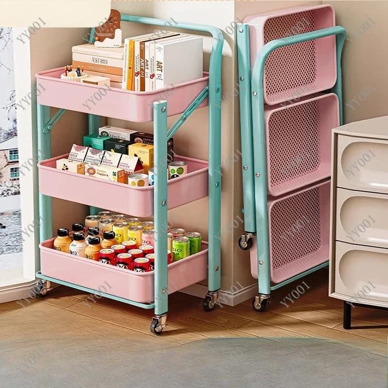 Foldable Multi-Tier Rolling Storage Cart Portable Trolley for Kitchen Bedroom Organizer