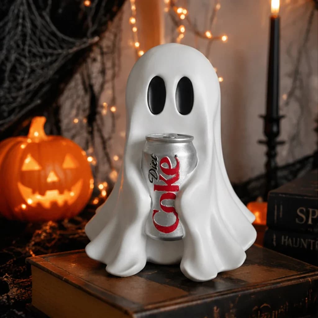 Halloween Ghost Holding Soda Can Resin Statue Funny Drink Holder Figurine Spooky Desk Shelf Home Party Decor Gift