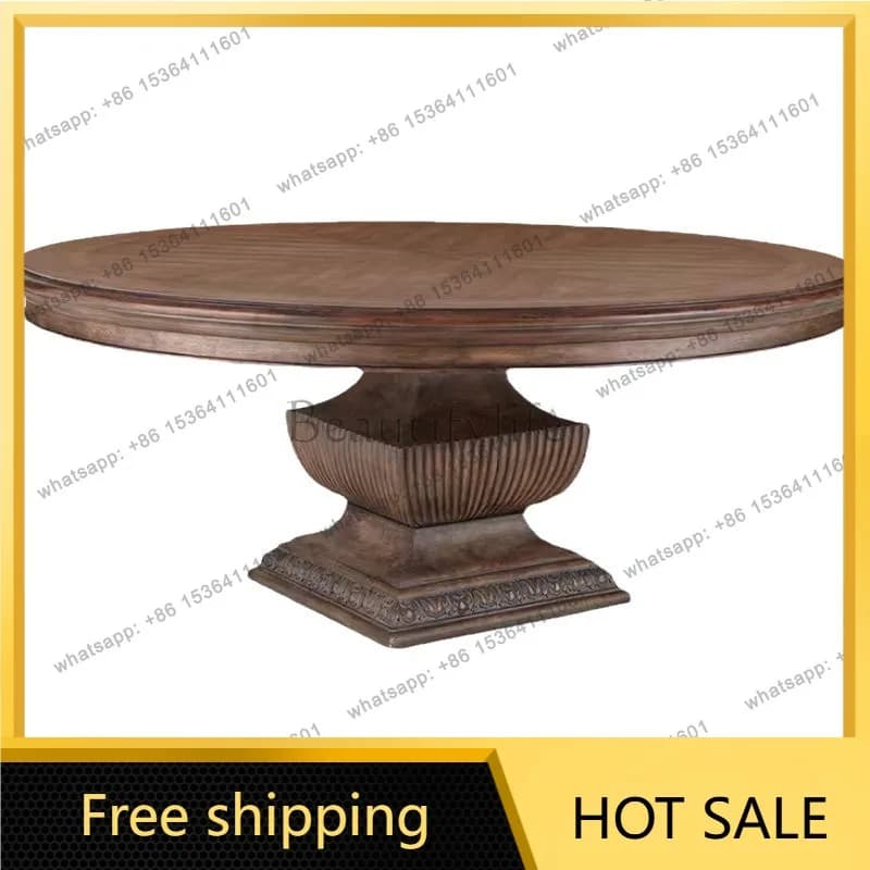 Zj. American light luxury solid wood carving round dining table French retro old