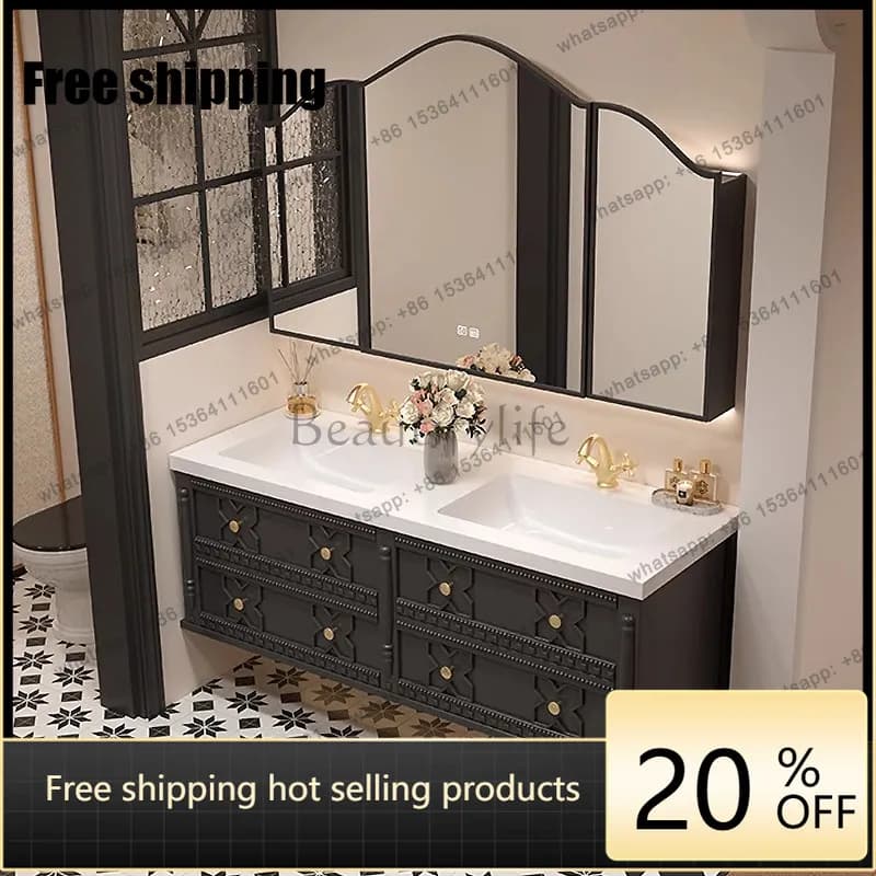Factory Direct  French retro double basin bathroom cabinet integrated ceramic basin toilet washstand