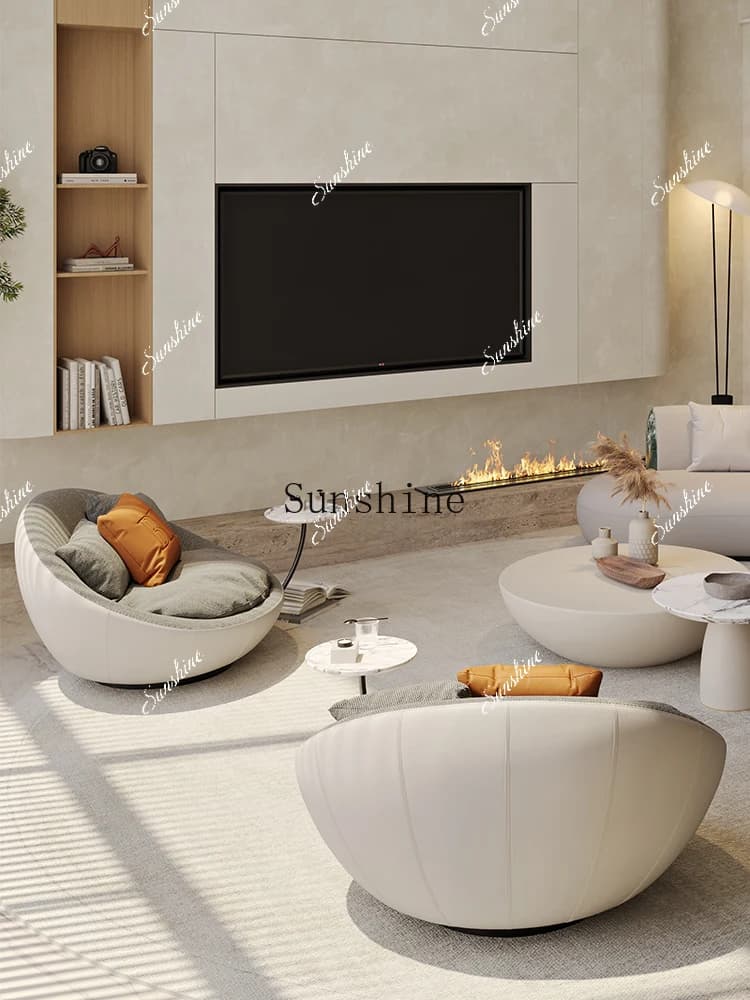 eggshell sofa, minimalist Italian light luxury, high-end leather rotating sofa chair in a large flat-floor villa  FT