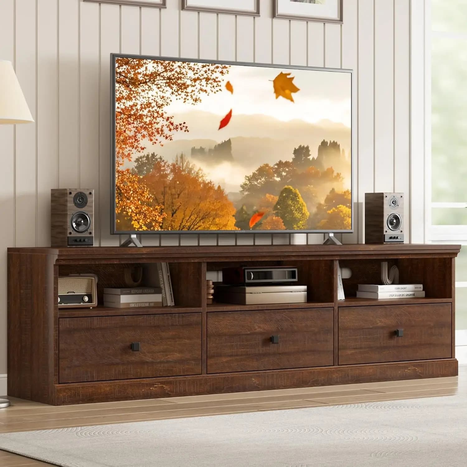 70 Inch Mid-Century Modern TV Stand for 65/70/75 in TV, Entertainment Center with 3 Storage Drawers & Open Shelves, Customized