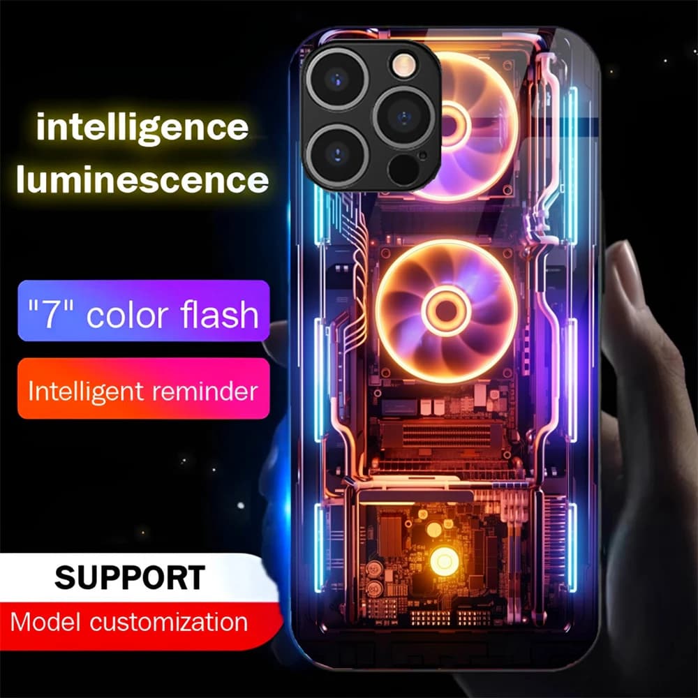 Cyber CPU Fan Design Voice Sensing LED Light Up Glowing Luminous Phone Case For iPhone Air 17 16 E 15 14 13 12 11 Pro Max XR XS