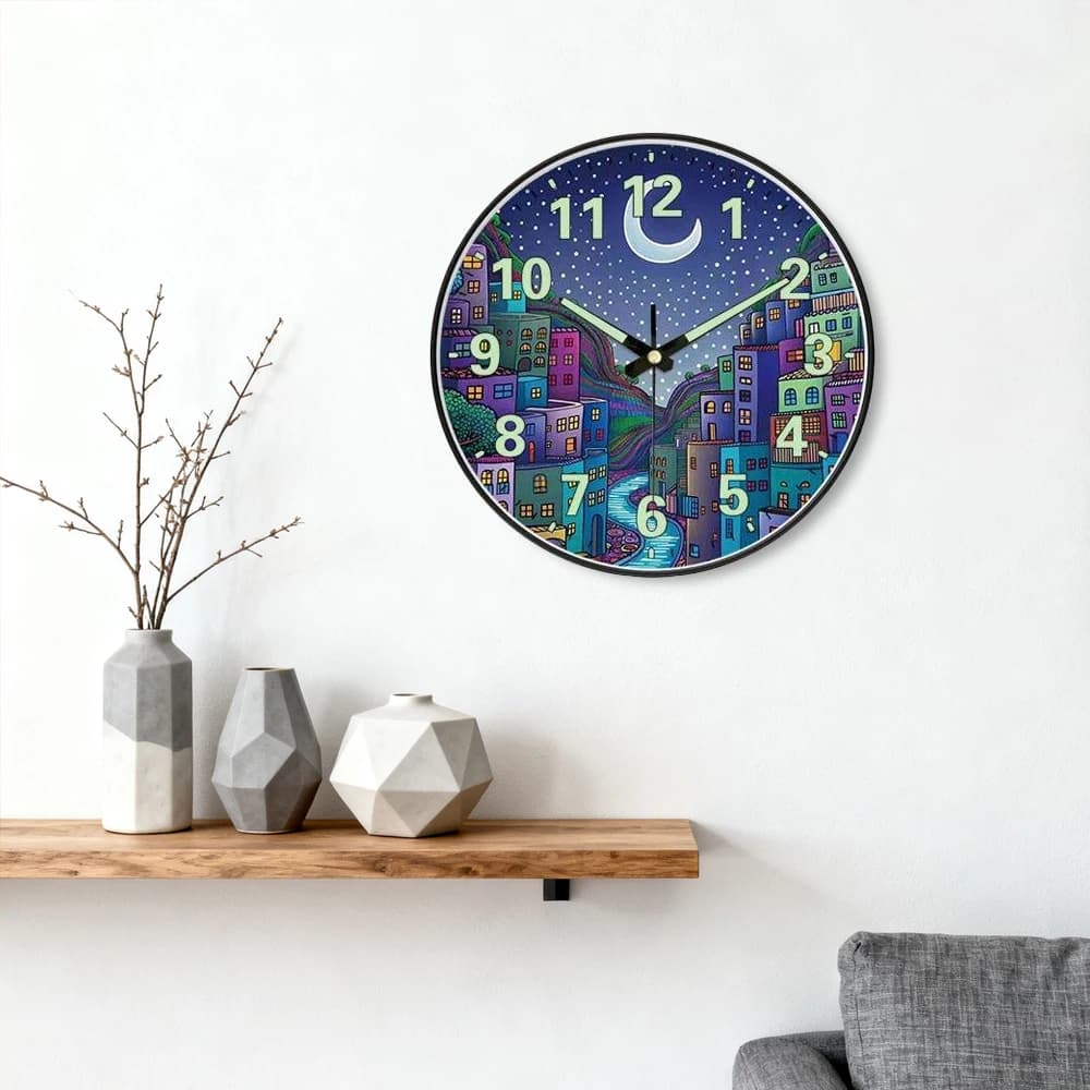Abstract Luminous Wall Clock Whimsical Town Design Light In Dark Night Number Colorful Art Decor For Living Room Corridor Office