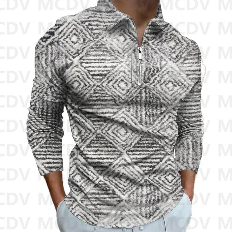 New Retro Pattern Print Men's Long Sleeve Zipper Polo Shirt Dragon 3D Printed Polo Long Sleeve T Shirt Casual Tops