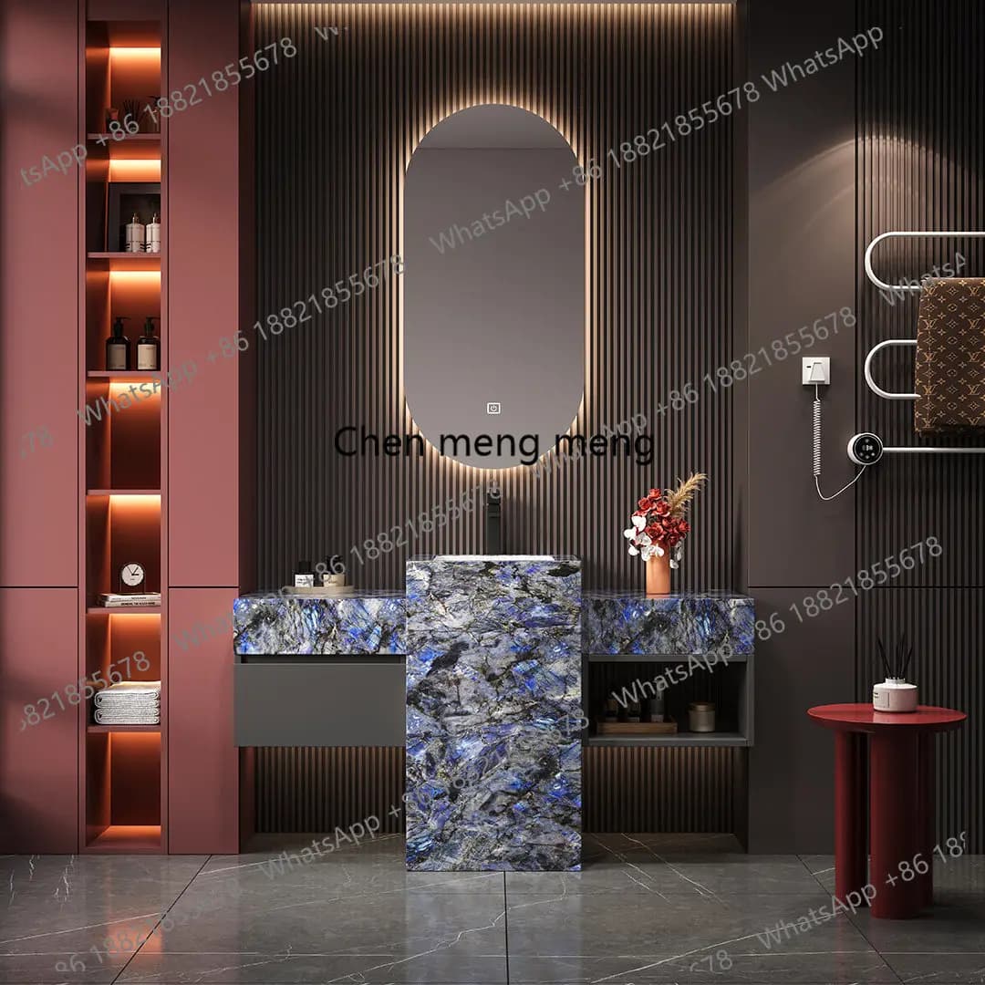 Floor-to-ceiling light luxury stone seamless ceramic basin solid wood multi-layer paint-free bathroom cabinet