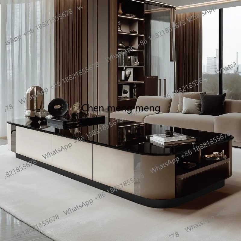 Modern style 1.8 meters large coffee table solid wood multi-layer paint with hollow tempered glass countertop