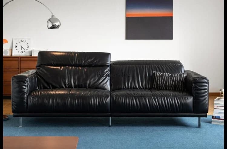LJYObsidian Black Genuine Leather Sofa with Adjustable High Backrest and Headrest, Top Layer Cowhide Oil Wax