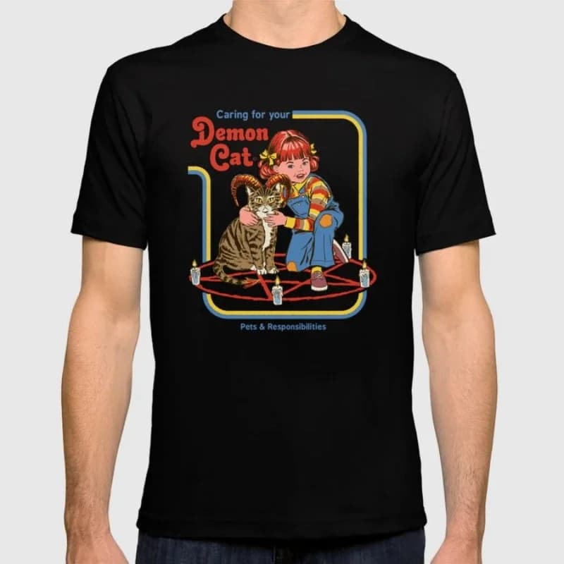 Caring for Your Demon Cat. Funny Vintage Halloween Gift T Shirt. New 100% Cotton Short Sleeve O-Neck Casual T-shirts Size S-3XL