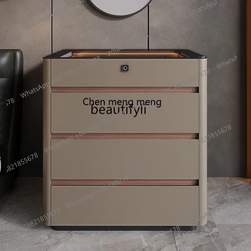 M182 Light luxury saddle leather bedroom chest cabinet multi-functional solid wood fingerprint lock jewelry display storage
