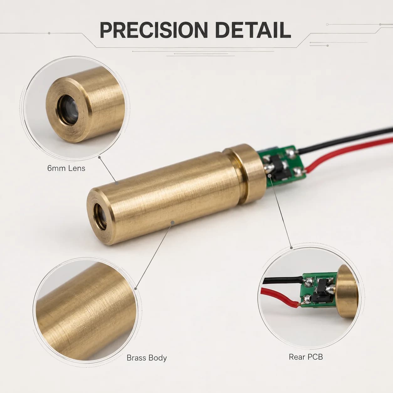 ZhonNa 7.5x23.5mm Brass Laser Module with 6mm Lens PCB Driver Red Black Wires for Tools Instruments Meters Parts Accessories Kit