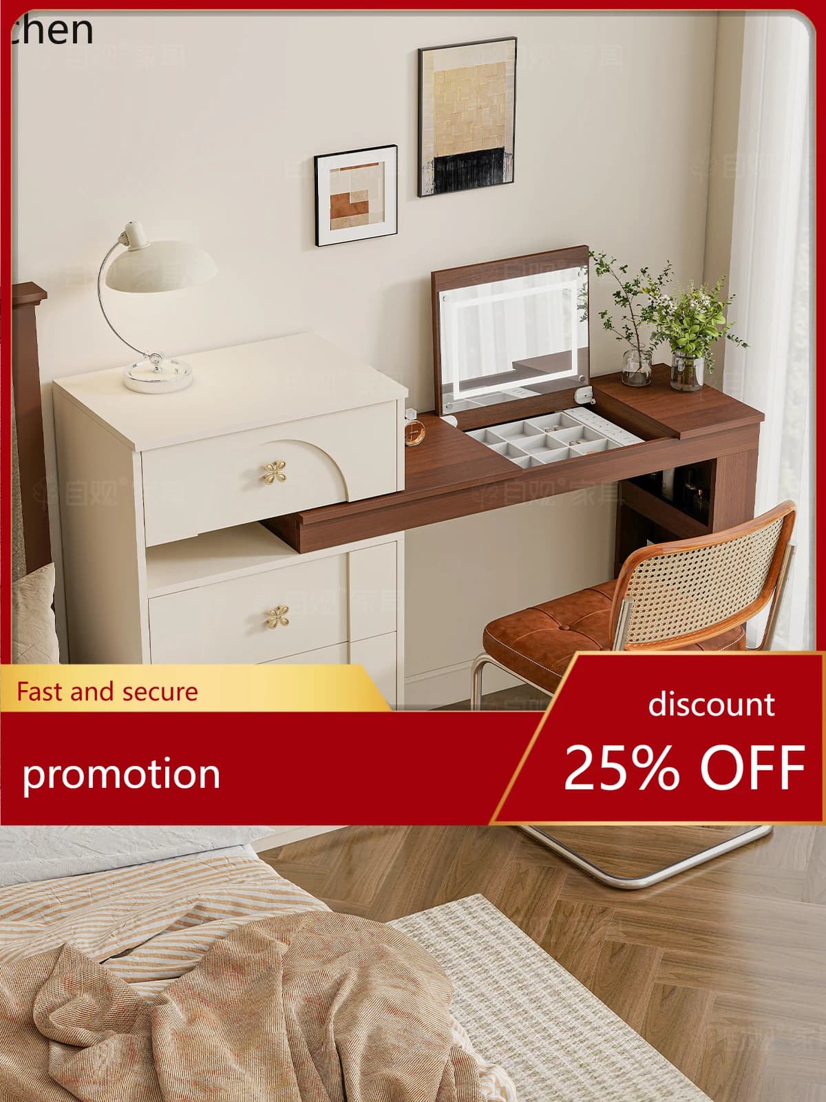 HXL Concealed Vanity Mirror Makeup Table with Integrated Dresser