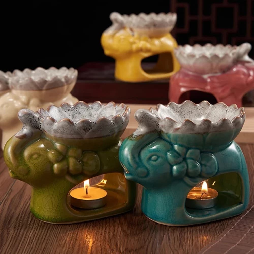 Ceramic Ice Cracking Lotus Incense Burner Elephant Shape Aromatherapy Essential Oil Aromatic Wax Diffuser Censer Home Decoration